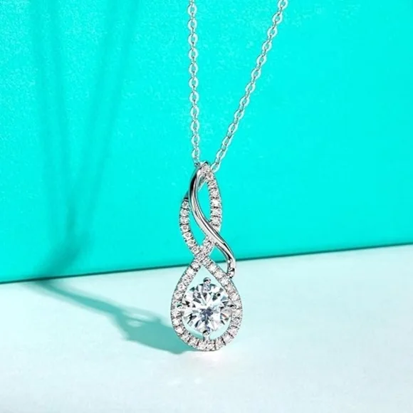 Certified 18k White Gold Infinity Pendant Necklace 2CT Moissanite S925 Statement - Picture 1 of 6